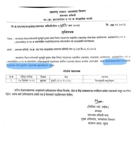 जलसंपदा विभाग (WRD) वेळापत्रक जाहीर वेळापत्रक जाहीर