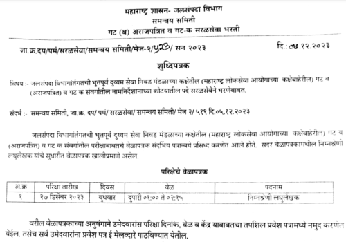 जलसंपदा विभाग परीक्षेचे हॉल तिकीट उपलब्ध